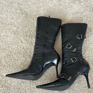 Sleek Black Stiletto Heeled Boots with Buckle Straps